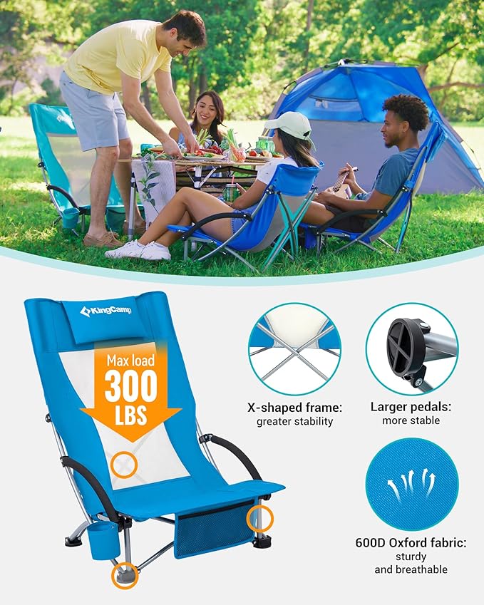 KingCamp Low Beach Chair, High Back Folding Camping Chair for Adults, Oversized Breathable Mesh Seat, 300lbs Heavy Duty Portable Chair with Cup Holder & Storage Pockets for Beach, Outdoor