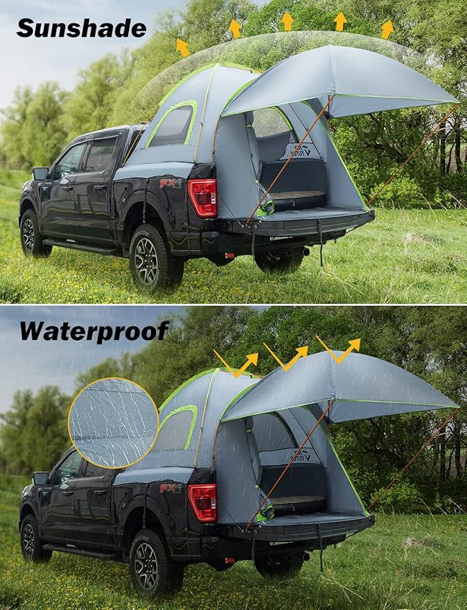JOYTUTUS Pickup Truck Tent 5.5ft Bed Tent with Removable Awning, Waterproof PU2000mm Double Layer for 2 Person, Portable Truck Bed Tent - Green, Aluminum Pole