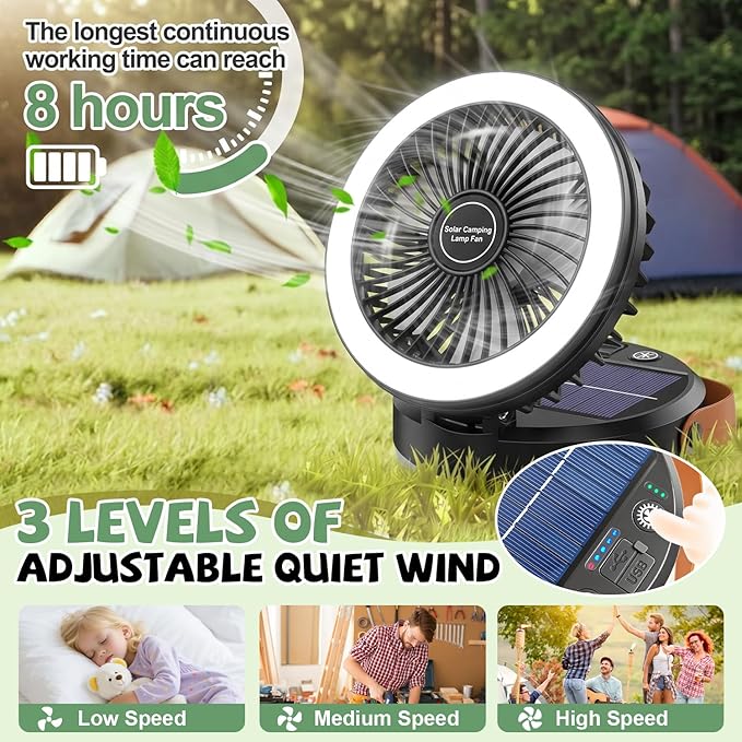 3-in-1 Camping Fan, Portable Solar Fan Rechargeable with LED Lantern, Battery Powered & Solar Camping Fan Light with Hanging Hook for Tent, 3 Speeds USB Fans for Camping Essentials, RV Travel, Outdoor