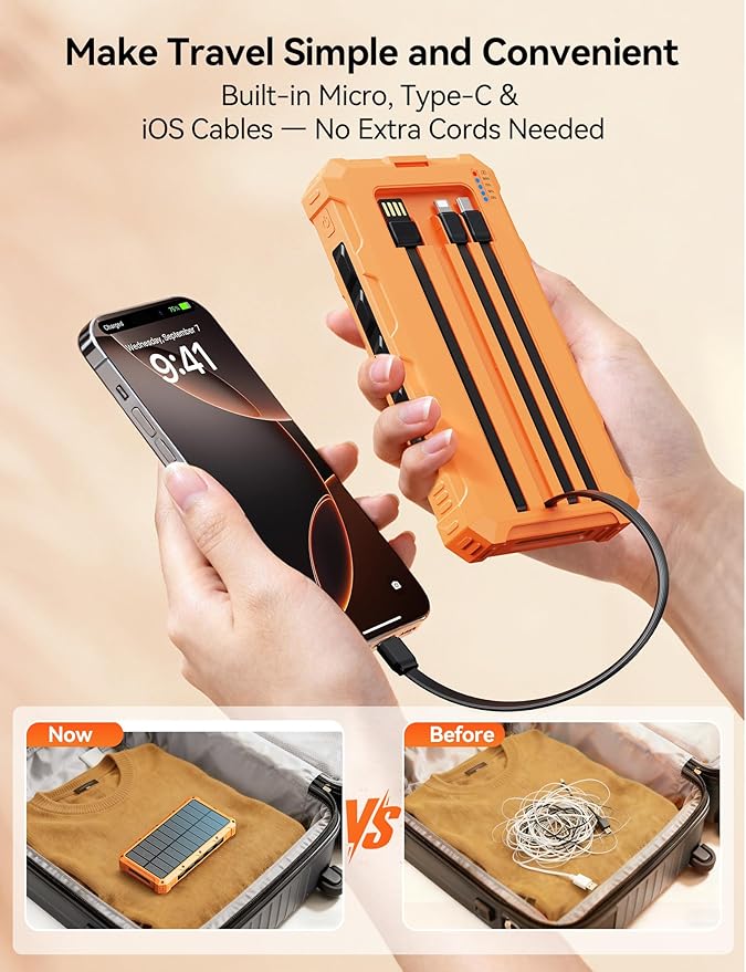 Solar-Charger-Power-Bank - 20000mah Solar Powered Battery Charger Cell Phone,20W Fast Charging Built in Cables,Camping Essentials Portable External Battery Pack Compatible with Multiple Devices