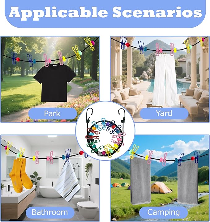 Portable Travel Clothesline,Adjustable Elastic Stretch Line with 12pcs Clothes Clips,for RV Outdoor and Indoor Camping Accessories (Black)