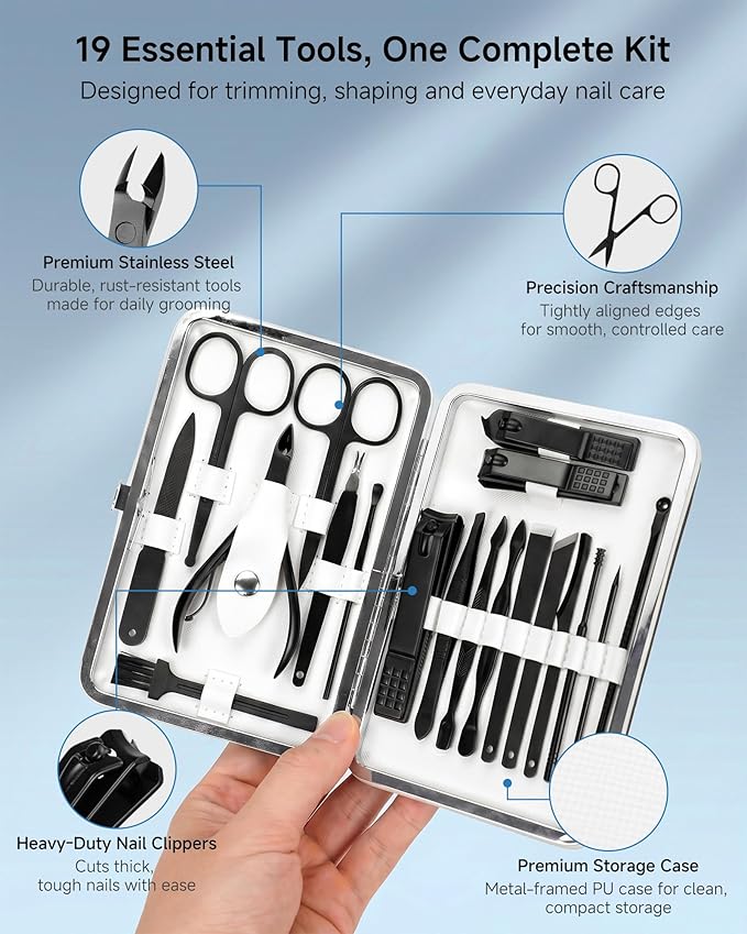 Manicure Set, Jubolion 19pcs Stainless Steel Professional Nail Clippers Pedicure Set with Black Leather Storage Case, Portable Grooming Kit for Travel or Home, Perfect Gifts Women and Men (Black)