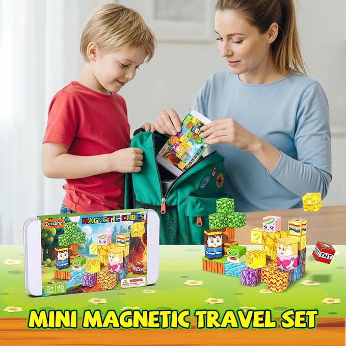 Mini Magnetic Blocks, Magnetic Blocks Building Toys with Travel Case 45PCS, STEM Educational Construction Building Cubes for Kids Ages 3+, Classroom Learning Sensory Toys Gift for Toddlers Boys Girls