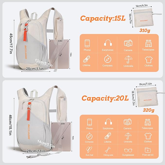 BECOJADDE 20L Small Hiking Backpack for Men Women Foldable Packable Back Pack Ultralight Hiking Daypack for Travel Camping Outdoor, Beige
