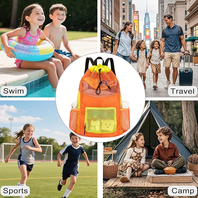 Swim Bag for Kids Mesh Beach Backpack for Boys Lightweight Drawstring Beach Bag Swimming Pool Sports Gym String Bag (Orange)