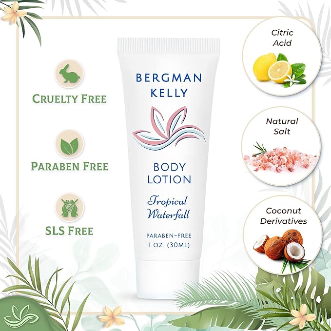 Bergman Kelly Hotel Toiletries Bundle (Tropical Waterfall, 1 oz each, 40 Pcs) 4-Piece Set: 10 Rectangular Bar Soap, 10 Shampoo, 10 Conditioner & 10 Body Lotion - Bulk Mini Guest Amenities Supply