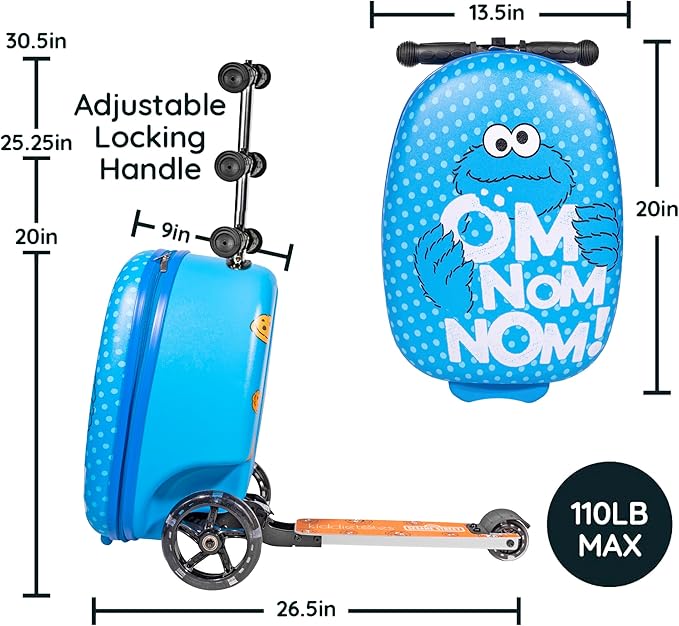 Sesame Street Cookie Monster Ride-On Scooter Suitcase for Kids – Hardside Lightweight Carry-On Luggage with Foldable Scooter & LED Wheels