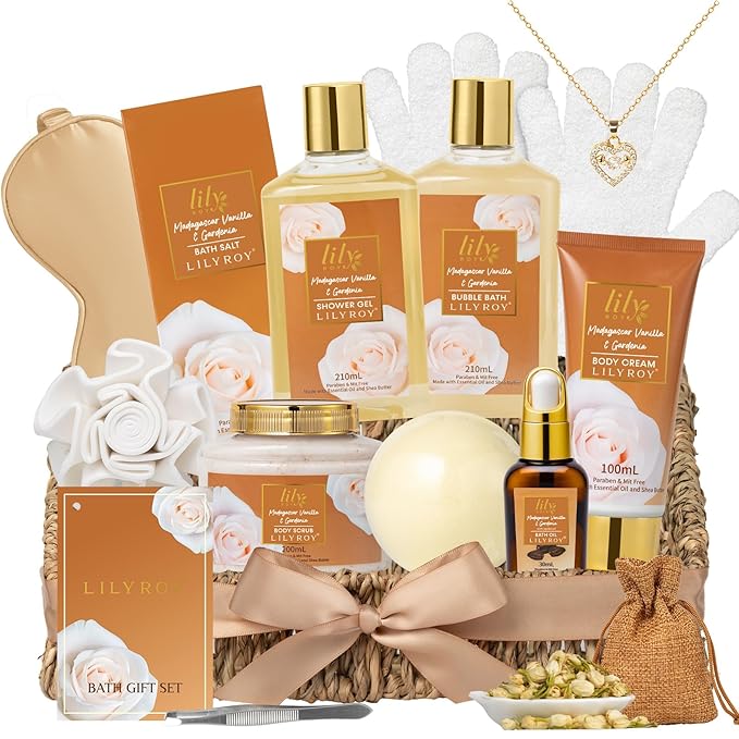 Gifts for Women, Spa Gift Basket for Women, Mothers Day Gift Basket for Mom - Vanilla Bath and Body Gift Basket Set, Spa Kit | Gifts for Christmas, Valentines Day, Birthday, Bath Spa Gift Sets for Her