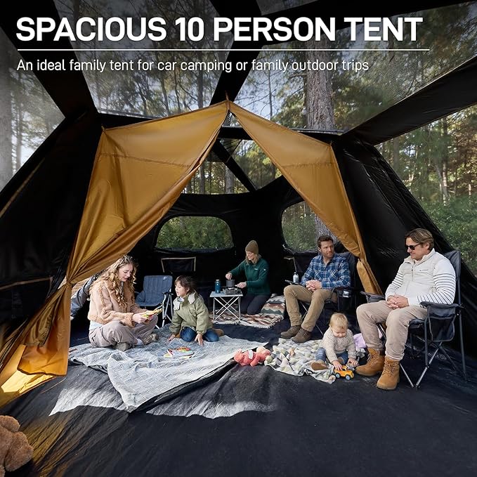 EVER ADVANCED 10 Person Camping Blackout Design Tent, Multi Room Tent for Family, Large Tents with Rainfly and Carry Bag, 2 Doors, Water-Resistant, 14ft x 10ft x 84in
