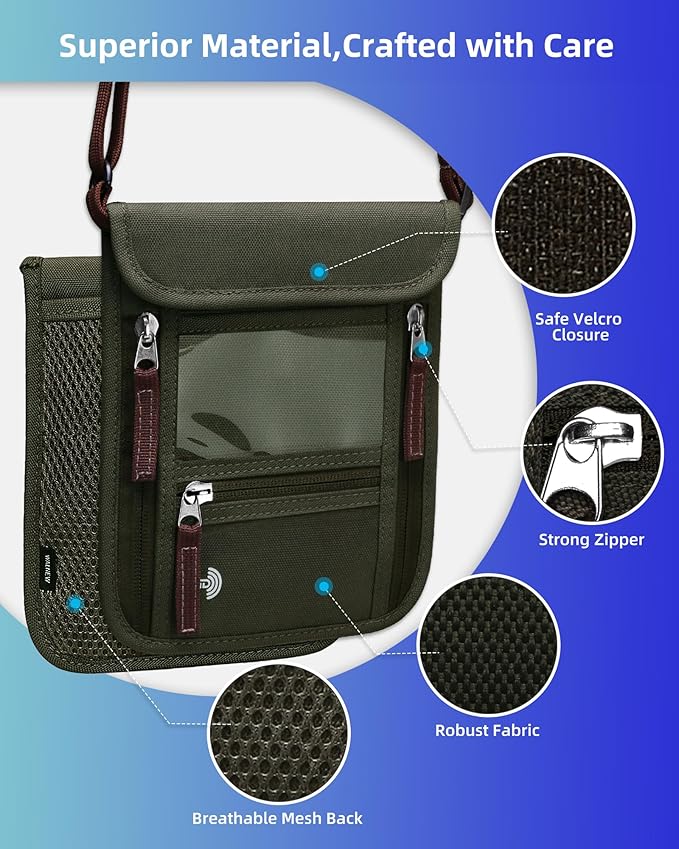 WALNEW Passport Holder Neck Pouch Travel Wallet for Women and Men, RFID Blocking Security Slim Traveling Wallet with Around Neck Lanyard Strap, Army Green