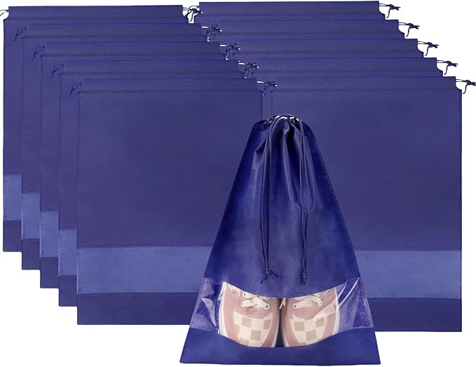 10 Pack Shoe Bags for Travel, Large Travel Shoe Bags for Packing with Clear Window, Non-Woven Dustproof Drawstring Travel Shoe Storage Bag Travel Essentials for Men & Women (10 Pack, Dark Blue)