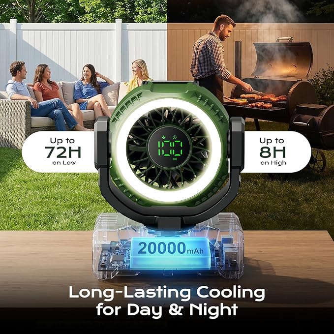 Portable Rechargeable Camping Fan, 20000mAh Battery Operated Fan with LED Light, 1-100 Stepless Speed, 1-12H Timer, Brushless Motor, Oscillating Desk Fan, Tent Fan with LED Display for Camping Travel