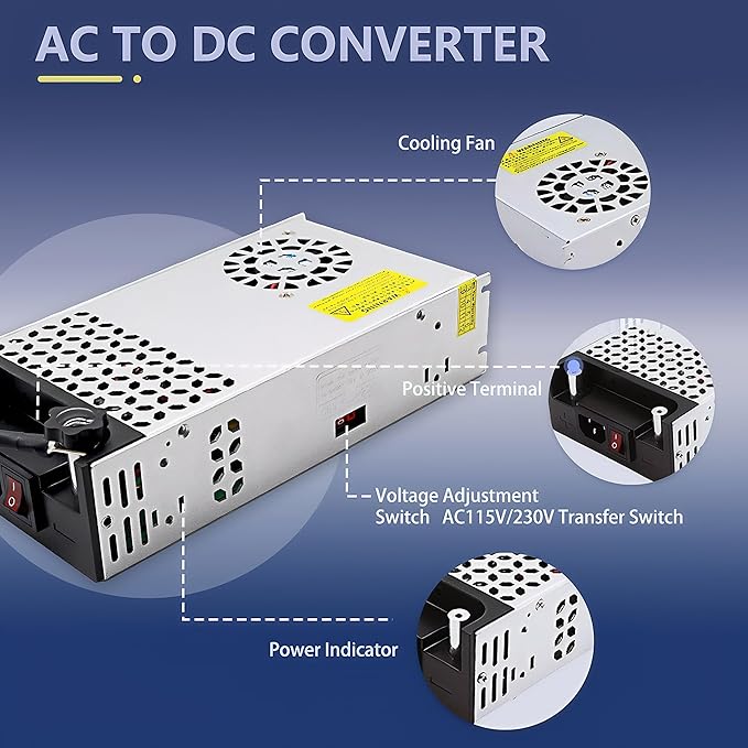 110V 120V to 12V Converter 50A 600W, AC to DC 12V Power Supply SMPS, 12 Volt DC Transformer High Current for LED Strip, 3D Printer, CCTV, Motor, Pump, Air Compressor(12V-50Amp-600W, 12V)