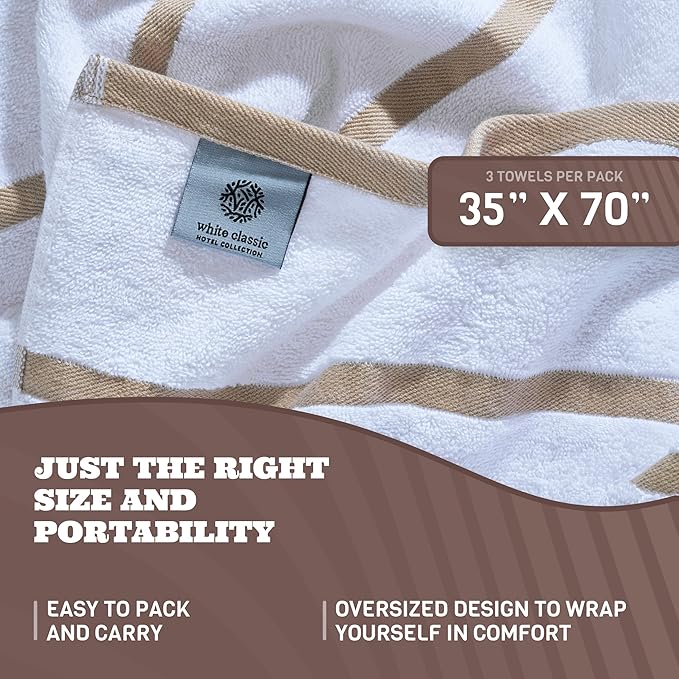 White Classic Cotton Pool Towels Oversized 35 x 70 Inches, Ultra Absorbent and Low Lint Striped Beach Towels for Adults, Stripes Design Luxury Extra Large Bath Towels, Cream Beige, 3 Pack