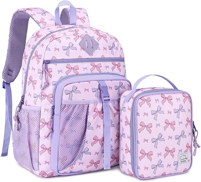 VASCHY Girl Kids Backpack & Lunch Bag Set, 2-in-1 School Bookbag with Insulated Lunch Box for Preschool, Daycare, Kindergarten & Elementary School – Pink Bow