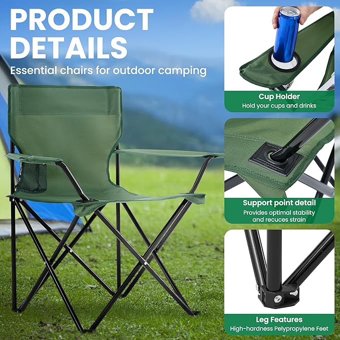 4 Pack Folding Camping Chairs for Adults, Foldable Portable Beach Chairs with Carry Bag & Cup Holder, Compact Design for Camping, Beach, Picnics, and Fishing Supports 300LBS（Green）