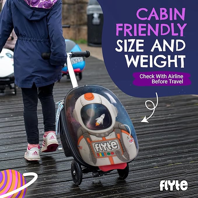 FLYTE Scooter Suitcase Folding Kids Luggage – Sammie the Spaceman, 18 Inch Hardshell, Ride On with Wheels, 2-in-1, 25 Litre Capacity
