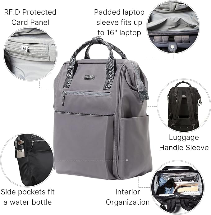 Baggallini Soho Backpack - Travel Laptop Backpack for Women - Lightweight Water-Resistant Luggage Bag, Smoke/Faux Python