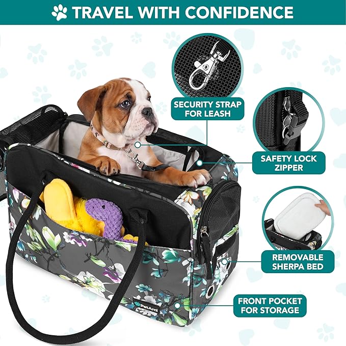 PetAmi Dog Purse Carrier for Small Dogs Cats, TSA Airline Approved Soft-Sided Pet Carrier with Pockets, Ventilated Travel Tote Bag with Bed & Shoulder Strap, Puppy Kitten, Max 12 lbs, Floral Gray