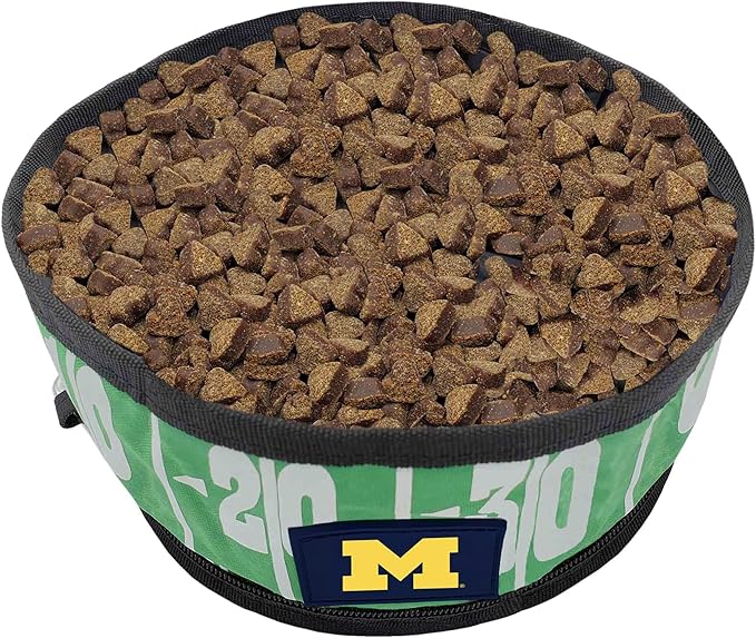 NCAA Michigan Wolverines Collapsible Dog Travel Bowl, Food and Water Bowl for Dogs & Cats. Best Portable & Lightweight Leak-Proof Pet Bowl for Travel with Football Field & Pebble-Grain Design.