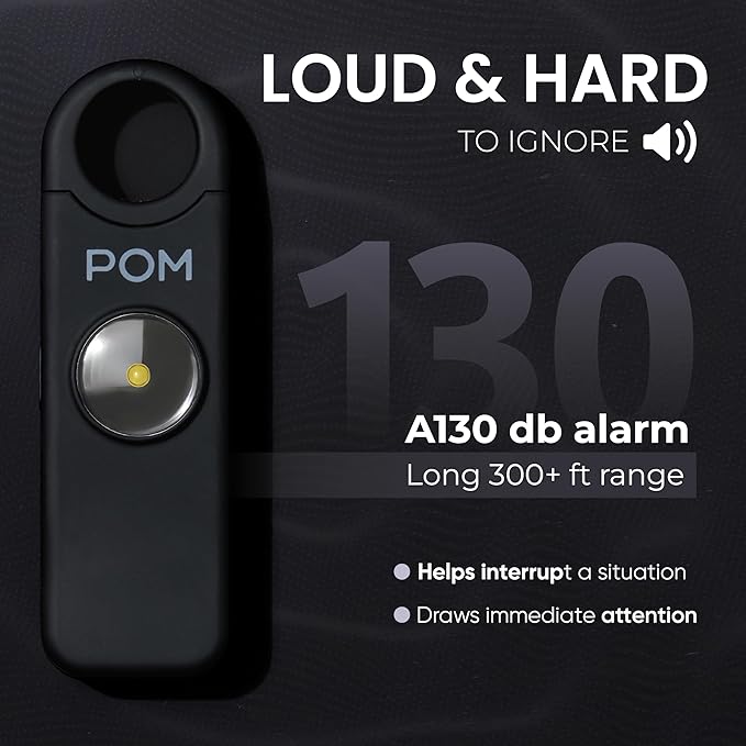 POM Personal Safety Alarm for Women – 130dB Loud Emergency Siren, USB-C Rechargeable with Bright LED Flashlight, Portable Keychain Design for Self Defense, Purse, Backpack & Travel (Black)