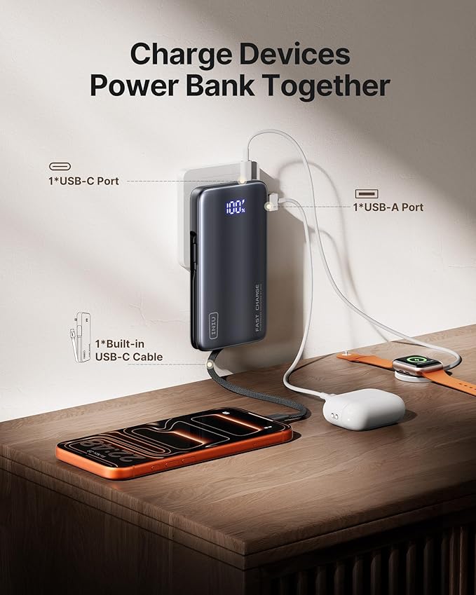INIU 3-in-1 Portable Charger, 45W 10000mAh Fast Charging Power Bank, Built-in USB C Cable & Foldable Wall Plug, Travel Essentials, Battery Pack for iPhone 17 16 15 Series, Samsung, MacBook, Gray