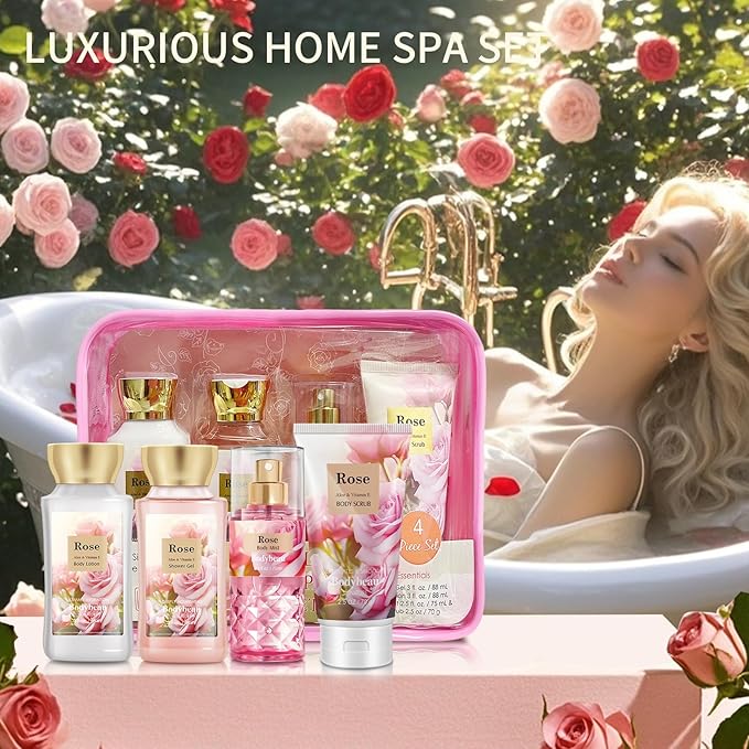 Rose Bath and Body Gift Set for Mom, 4-Piece Set Collection, Shower Gel, Body Lotion, Body Mist, Exfoliating Scrub, Personal Portable Body Care Travel Set, Gift for Mom, Wife, or Grandma