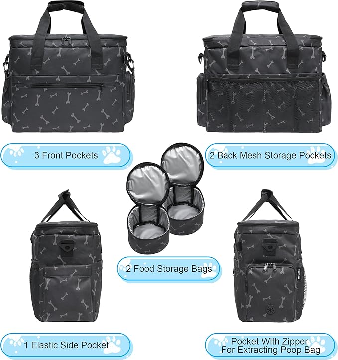 MYDAYS Dog Travel Bag, Pet Luggage Suitcase, Weekend Tote Carrier with Collapsible Bowl (Black1)
