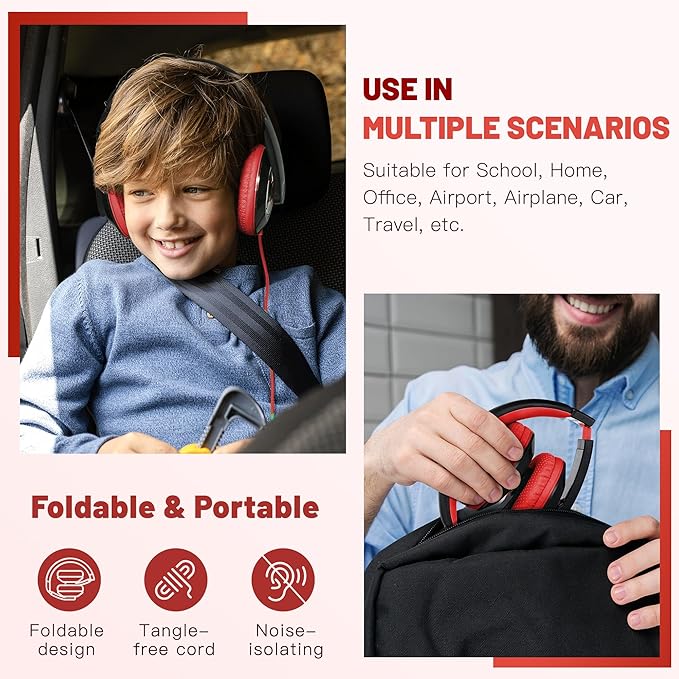 rockpapa Comfort Kids Headphones for School, Lightweight Foldable Portable Childs Boys Girls Teens Headphones Wired 3.5mm with 4.9ft Cord for Travel Airplane Tablet Phone Pad Laptop Black/Red