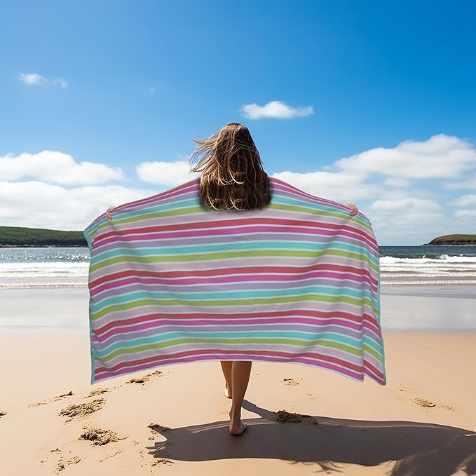 COTTON CRAFT Oversized Beach Towel - 2 Pack XL 39 x 68 inches Big & Huge Beach Blanket Towel - 100% Cotton Dobby Terry Velour Stripe - Super Soft Luxury - Pool Picnic Bath - Pink Multi