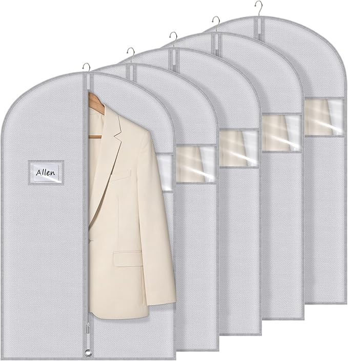 Syeeiex 40" Suit Bag, Set of 5 Garment Bags for Hanging Clothes, Suit Bags for Closet Storage, Garment Bags for Storage Suits,T-shirts, Jackets and Coats(Grey Pattern)