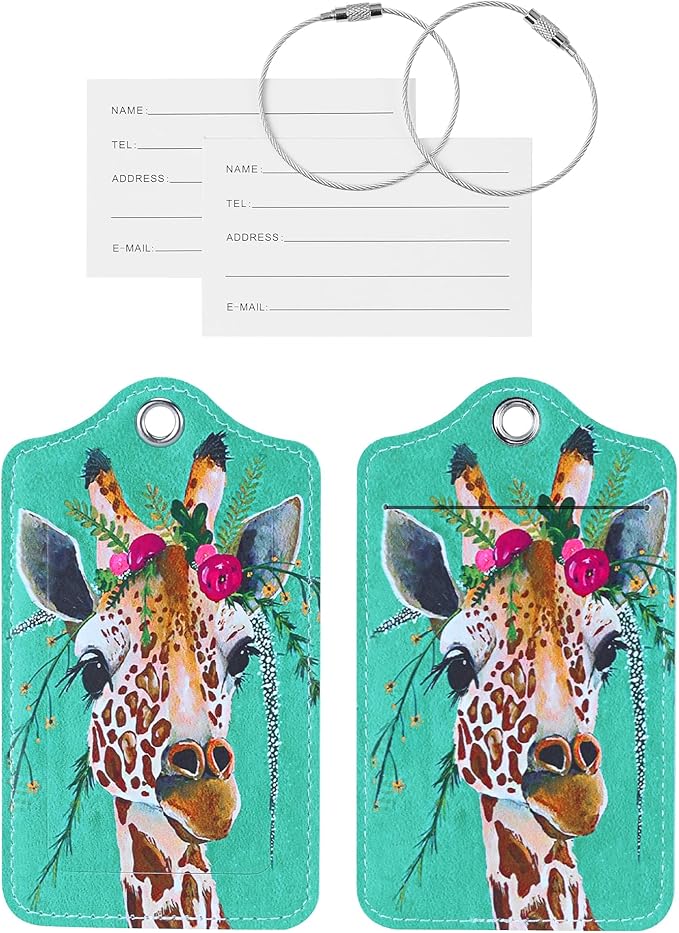 Luggage Tags for Suitcases, 2 Pack Cute PU Leather Suitcase Tag Identifiers TSA Approved with Stainless Steel Loop and Address Card for Baggage Tag for Travel Essentials Giraffe, by Chelmon