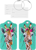 Luggage Tags for Suitcases, 2 Pack Cute PU Leather Suitcase Tag Identifiers TSA Approved with Stainless Steel Loop and Address Card for Baggage Tag for Travel Essentials Giraffe, by Chelmon