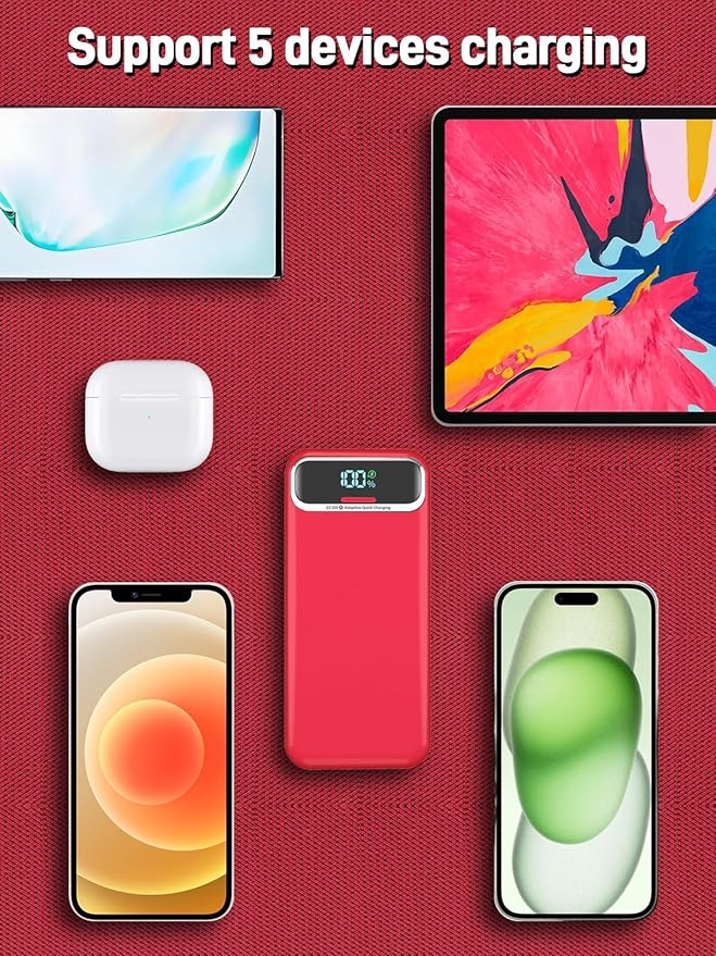 Portable Charger, 20000mAh 22.5W Fast Charging Power Bank with Built-in Cables & Wall Plug, Travel Essential External Battery Pack with LED Display, USB C Battery Phone Charger for iPhone Samsung Red