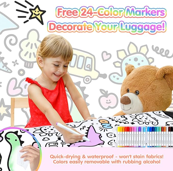smilesun 14" & 20" Kids DIY Coloring Luggage Set, 2PCS Carry-On Durable Suitcase with Wipe-Clean Shell, Spinner Wheels, TSA Lock