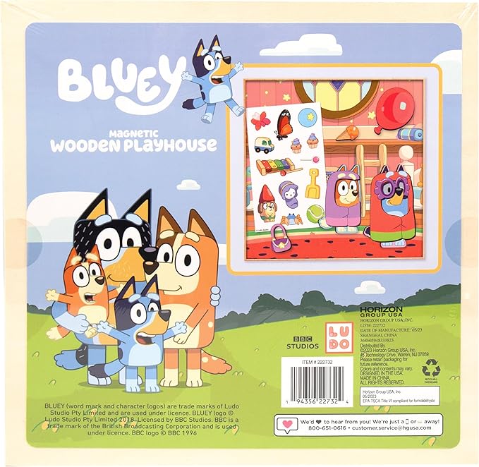 Horizon Group USA Bluey Magnetic Wooden Playhouse, 18 Piece Activity Set, Includes 2 Wooden Dolls House, Great Toys for Kids, Fun Birthday Party Activity, House Playset