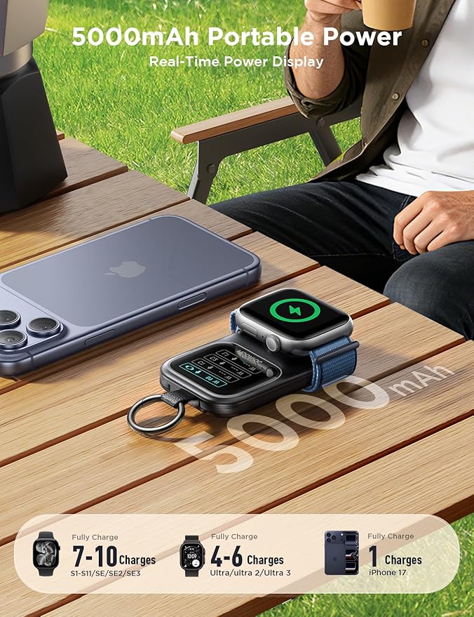 JOYROOM Portable Charger, Power Bank with Built-in Cables & LED Display, 5000mAh 20W PD Fast Charging & Fast Recharge, Travel Keychain Battery Pack for iPhone 17/16/15/14/13/12 & Apple Watch, Black
