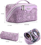 BOYATU Travel Makeup Bags Cosmetic Organizer Bag: 3 Pcs Set Large Capacity Floral Make up Bag with Compartments - Waterproof Leather Toiletry Bags with Handle for Women (21-Purple)