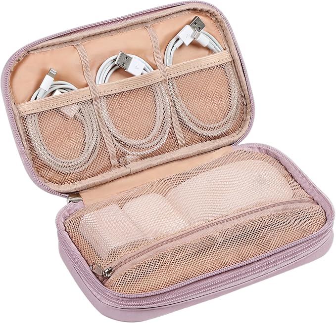 NISHEL Travel Cord Organizer Case, Double Layers Tech Electronic Bag, Essentials for Charger, Cable, Phone, Flash drive, Medium, Peach Pink