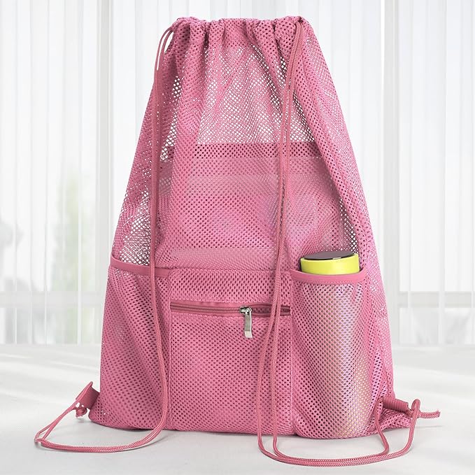 NATURAL STYLE Mesh Drawstring Backpack Bag, Gym Sports Bag with Zipper Pocket Bottle Holder, String Beach Bag for Swiming Travel (Pink)