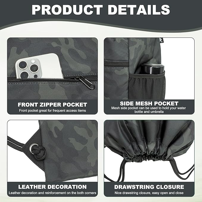 HOLYLUCK Men & Women Outdoor Sport Gym Sack Waterproof Drawstring Backpack Bag (Standard with drawstring, Black Camo)