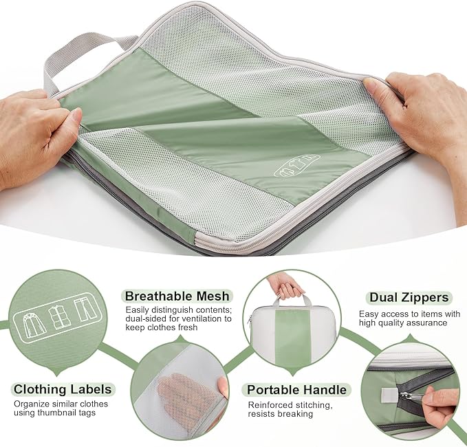 10 Set Compression Packing Cubes for Travel Essentials,Compressible Expandable Packing Cubes for Suitcase,OlarHike Luggage Organizer Bags for Travel,Handy Helper for Organizing Clothes(Matcha Green)