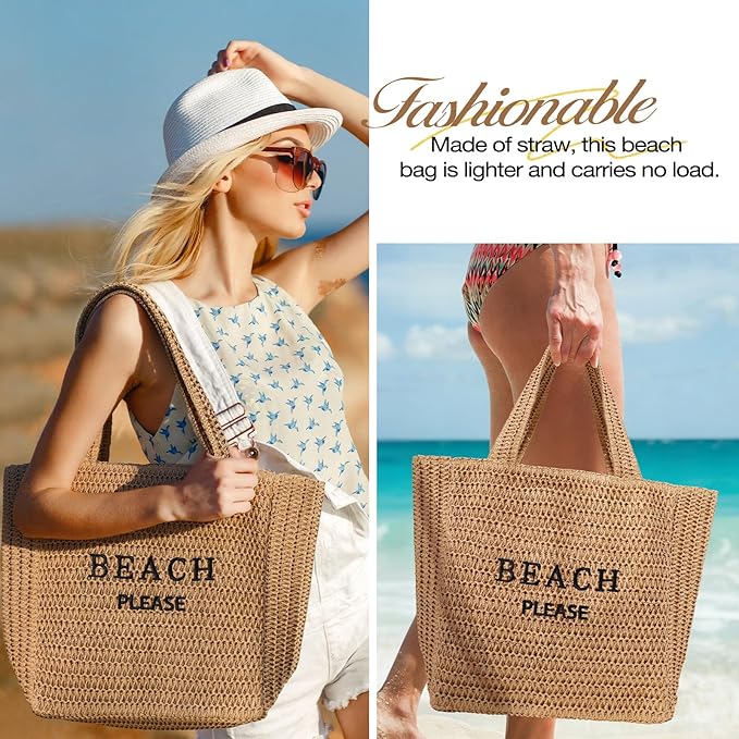Tavaleu Straw Beach Bags for Women, Large Beach Bag Summer Woven Tote Bag Travel Shoulder Handbags for Holiday