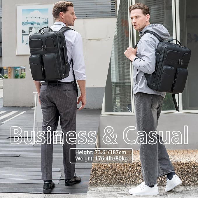 TIDING 17.3" Leather Laptop Backpack for Men Multi Pockets Casual Daypack Business Travel Rucksack, Black