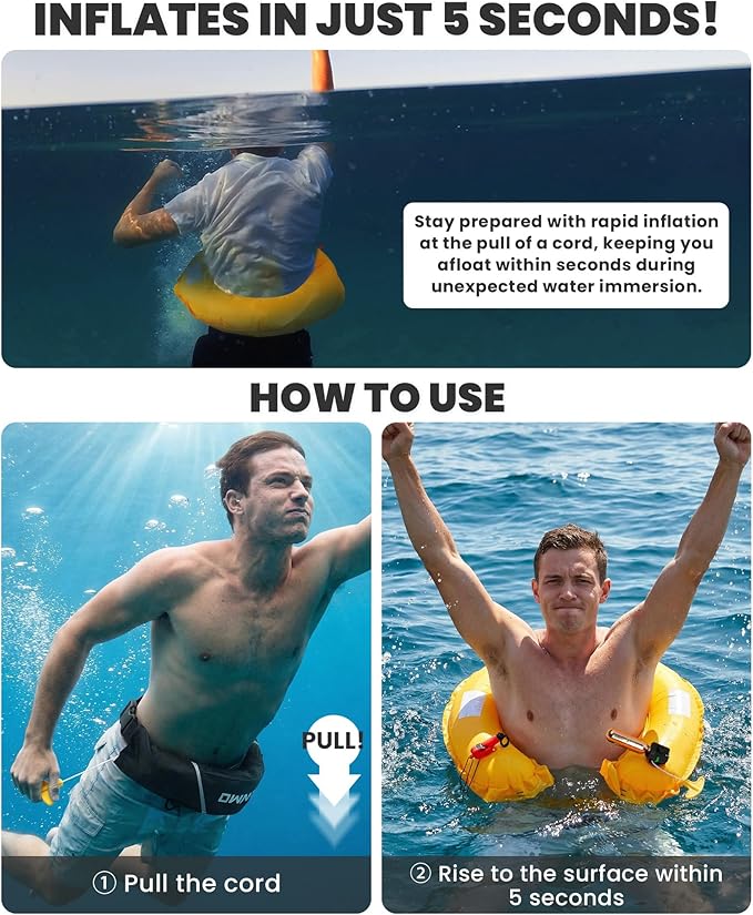 Owntop Manual Inflatable Belt Pack, Adults Swim Jacket with Blowpipe & Whistle, 24g CO2 Cylinder Included, Low Profile for Kayaking, Fishing, Paddle Sports