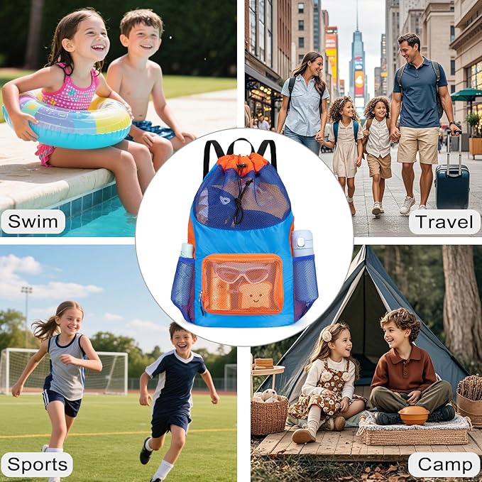 Swim Bag for Kids Mesh Beach Backpack for Boys Lightweight Drawstring Beach Bag Swimming Pool Sports Gym String Bag (Blue)
