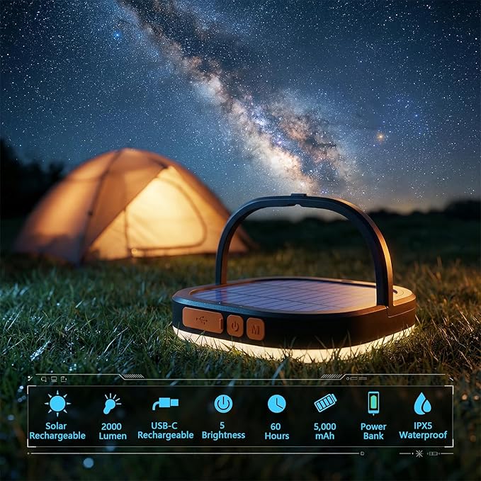 LED Camping Lantern, Solar Lanterns, 5000mAh Rechargeable Light 2000 Lumens 5 Light Modes, IP65 Waterproof with USB Charging – Lanterns for Power outages Hurricane, Hiking, Fish, Emergency, and Home