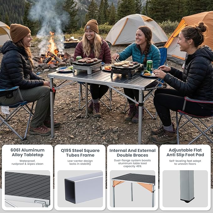 KingCamp Aluminum Folding Camping Table, 42.1" Foldable Lightweight Roll Up Camp Table Heavy Duty 2-6 People Portable Table for Camping Picnic BBQ RV, Indoor & Outdoor, Silver Black
