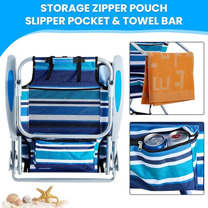 2 Pack Lightweight Portable Camping Beach Chair for Adults, Outdoor Lay Flat Folding Beach Chairs with 5 Positions, Backpack Beach Chair with Towel Bar, Zipper Pouch, Cup Holder, Blue Green