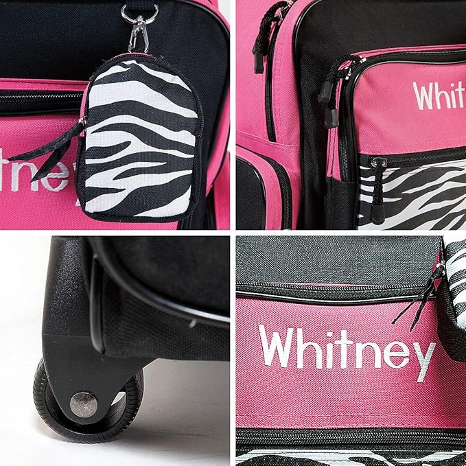 Lillian Vernon Personalized Rolling Luggage for Kids, 5-Pocket Hot Pink & Zebra Print Design Suitcase Set With Clip-On Pouch, Customizable Girls Travel Carrier on Wheels, 5.5" W x 12" L x 18" H